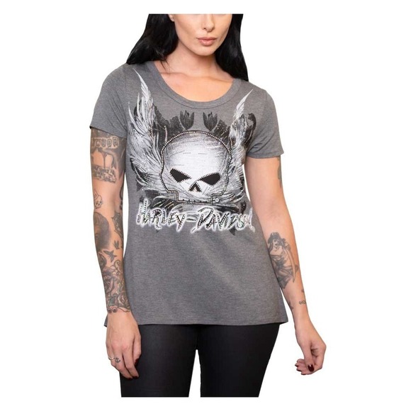 Harley-Davidson® Women's Rhinestone Skull Hi-Low Hem Short Sleeve Tee - Size L - Picture 1 of 9